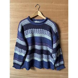 VTG 90S NY Jeans Striped Knit Rollneck Sweater Women's Size L Blue Purple Gray